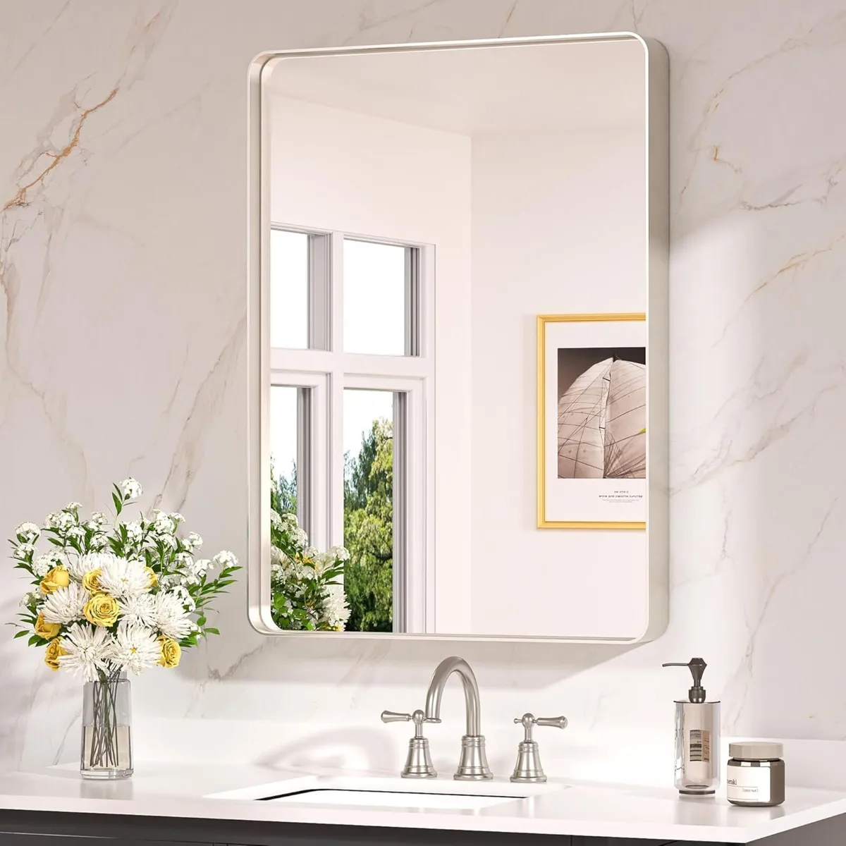 Brushed Nickel Rectangular Bathroom Mirror - Image 1
