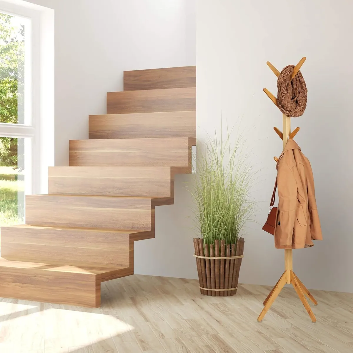 Bamboo Coat Rack Garment Stand with 8 Hooks - Image 2