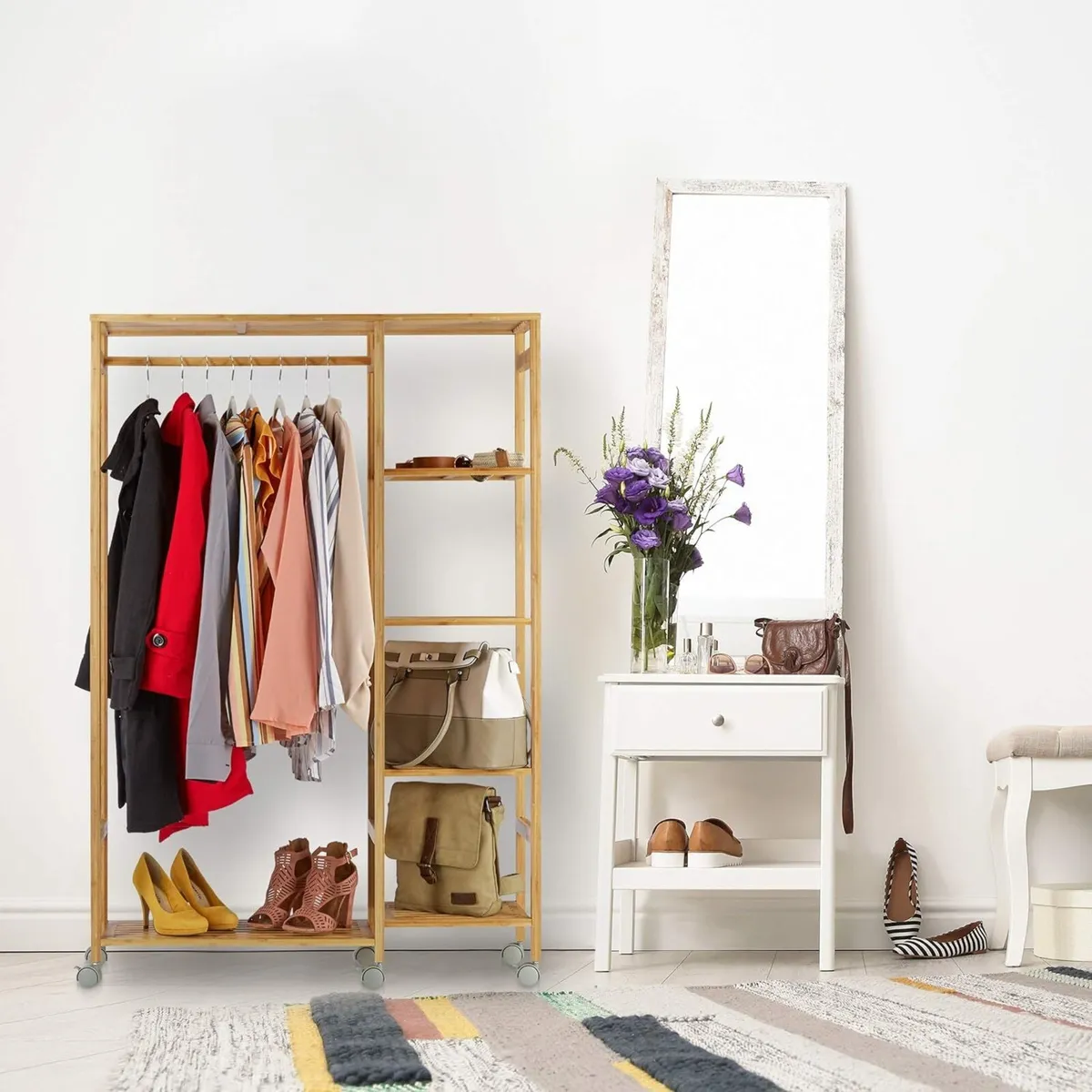 Bamboo Rolling Coat Stand 6 Tiers Open Garment - Image 2