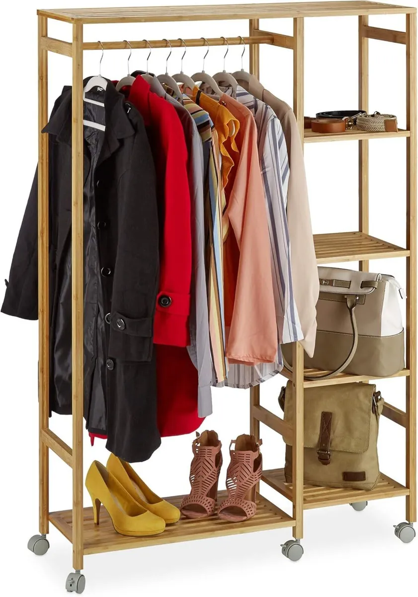 Bamboo Rolling Coat Stand 6 Tiers Open Garment - Image 1