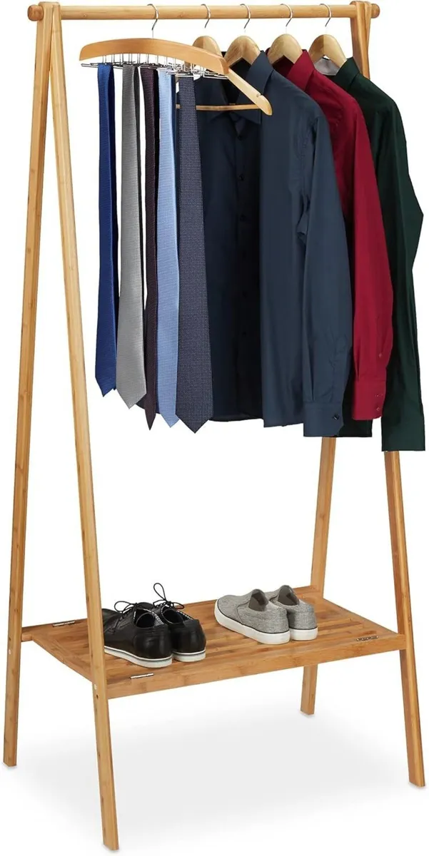 Bamboo Coat Stand Folding Rack with Shelf Compact - Image 1