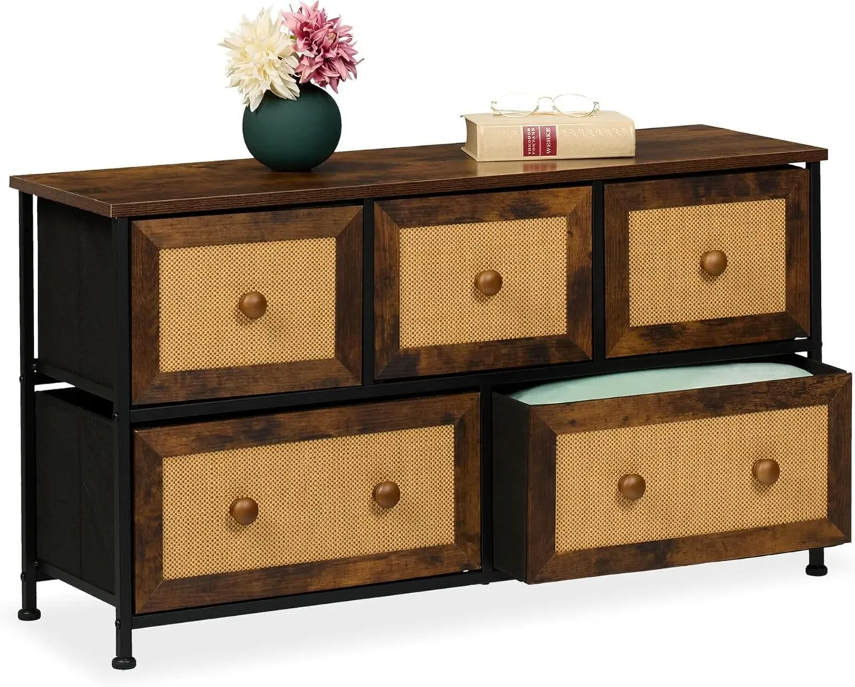 Dresser 5 Fabric Drawers Rattan Look Storage - Image 1