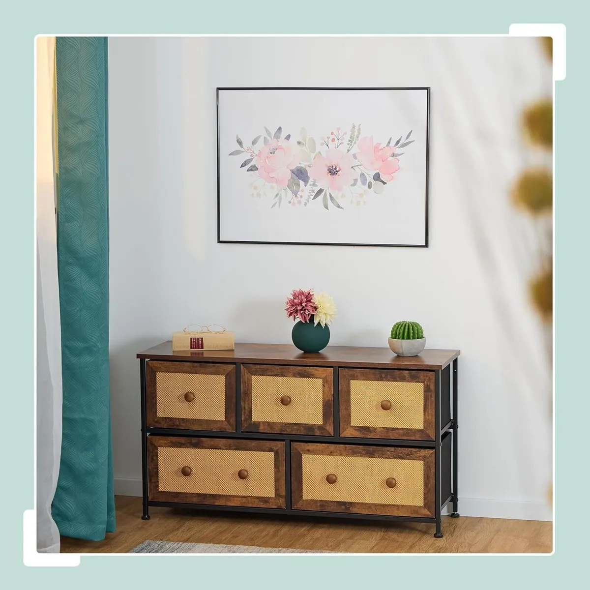 Dresser 5 Fabric Drawers Rattan Look Storage - Image 2