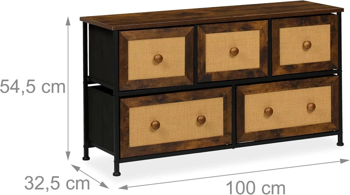 Dresser 5 Fabric Drawers Rattan Look Storage - Image 3