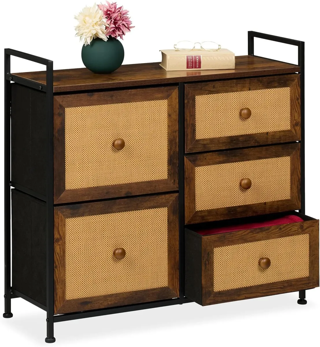 Dresser 5 Fabric Drawers Rattan Look Storage - Image 1