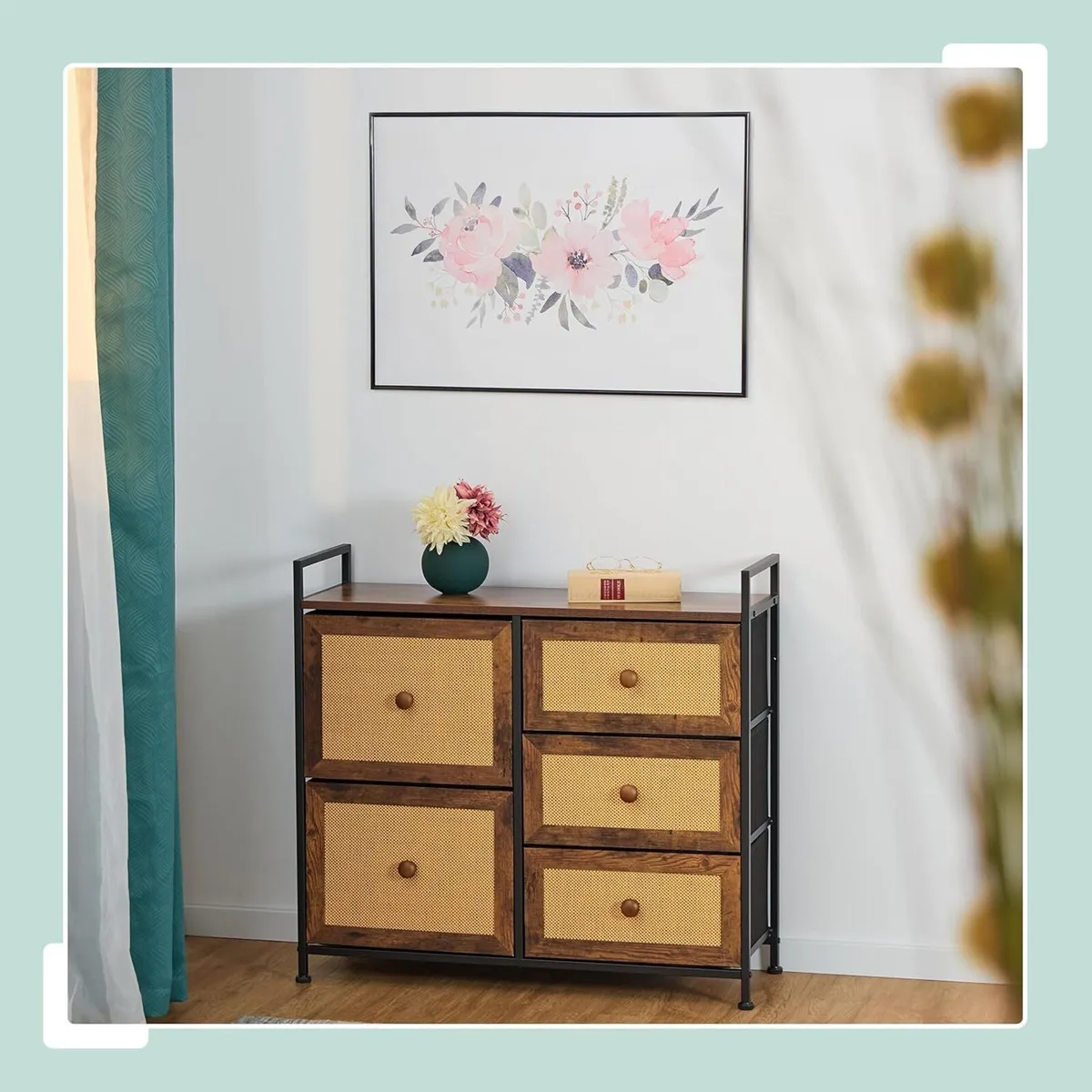 Dresser 5 Fabric Drawers Rattan Look Storage - Image 2