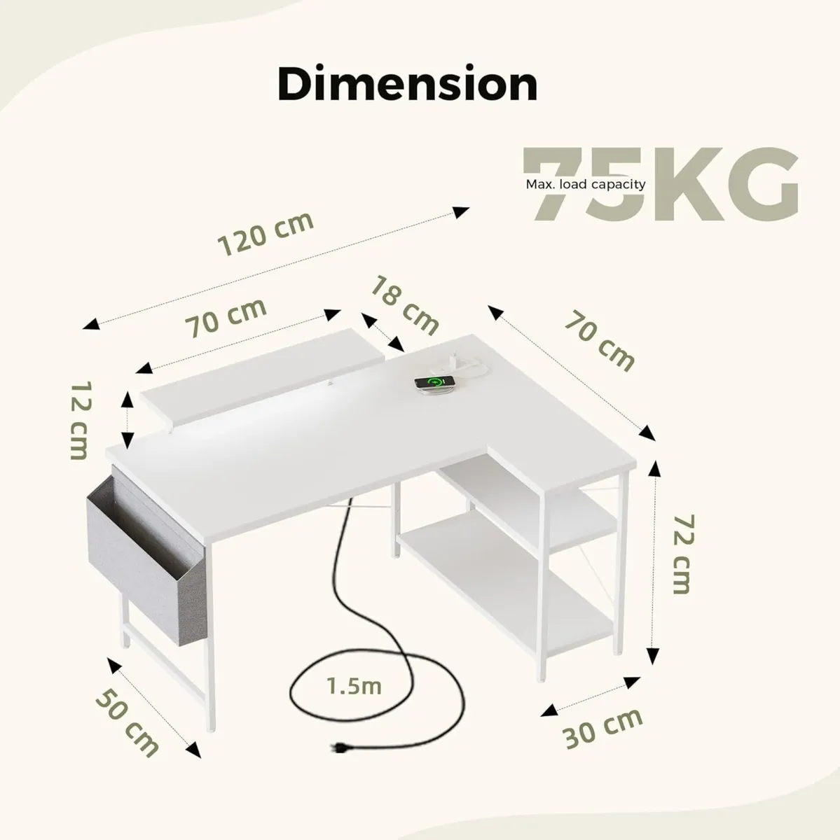L-shaped desk 120x70cm gaming table with 2 - Image 2