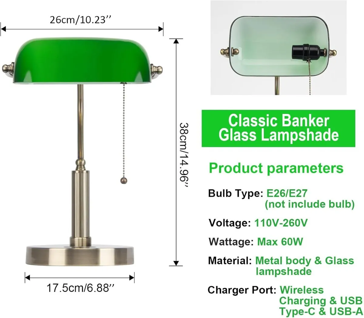 Bankers Office Desk Lamp Vintage Green Glass - Image 3