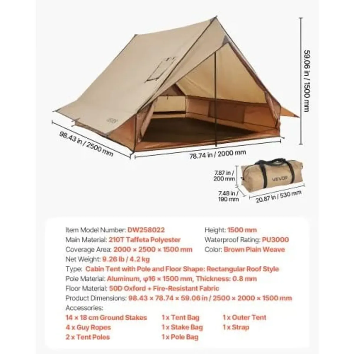Camping Hot Tent, 2 Persons Cabin Tent with Stove - Image 3
