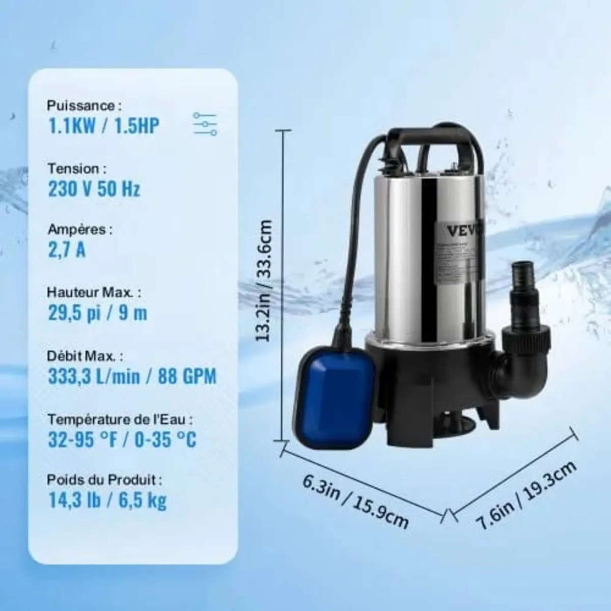 Submersible Water Pump, 1100W 20000L/H, with 10 m - Image 2