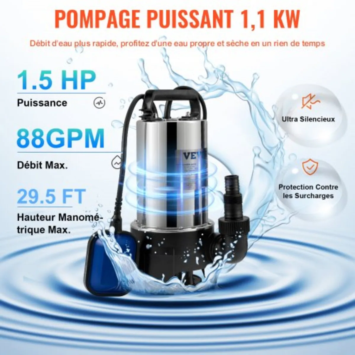 Submersible Water Pump, 1100W 20000L/H, with 10 m - Image 4