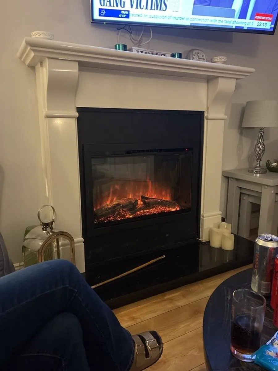 Modern White Marble Fireplace + Electric Colour Fire - Image 1