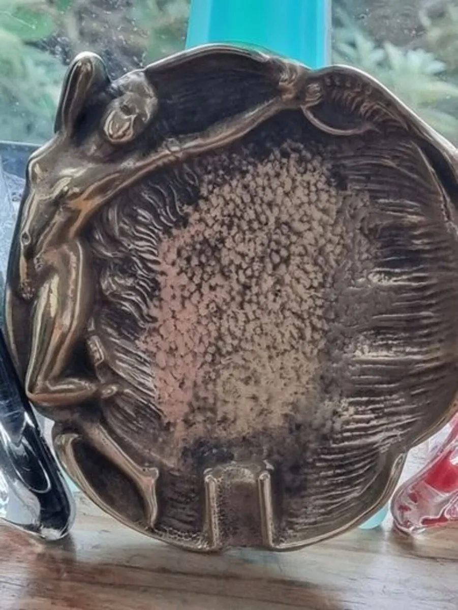 Antique Art Nouveau Cast Brass Naked Lady Ashtray - Image 1