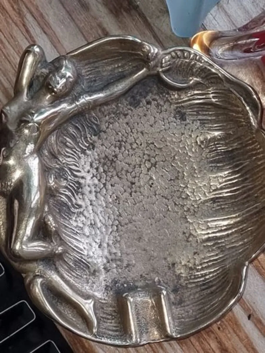 Antique Art Nouveau Cast Brass Naked Lady Ashtray - Image 3