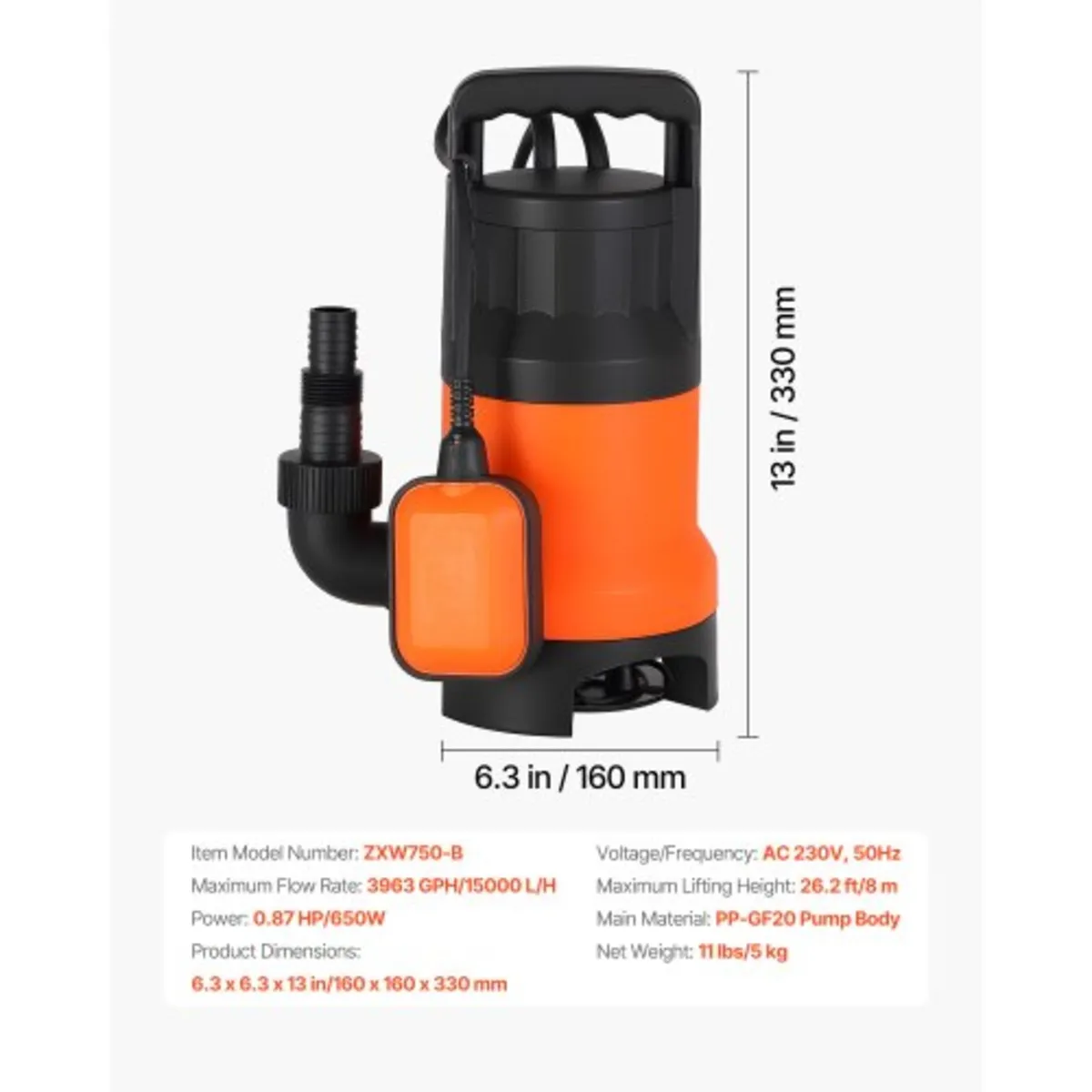 650W Submersible Sump Pump, 15000 L/H, PP-GF20 Sub - Image 2