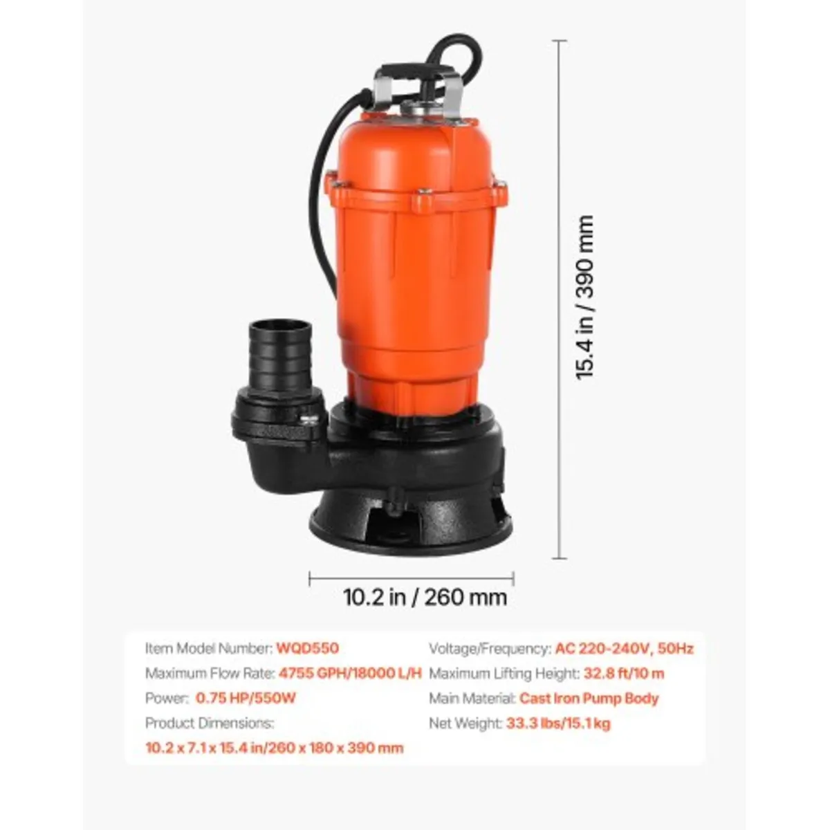 550W Submersible Trash Pump, 18000 L/H, Cast Iron - Image 2