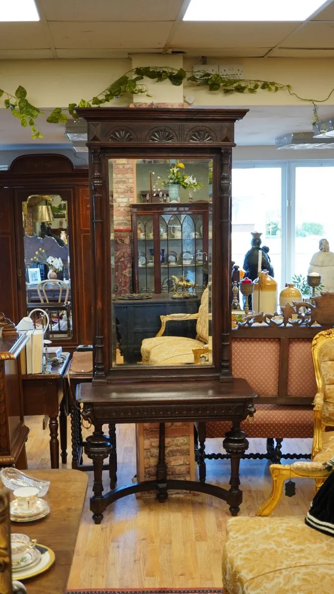 Antique Gothic Revival Oak Hall Console with Mirro - Image 1