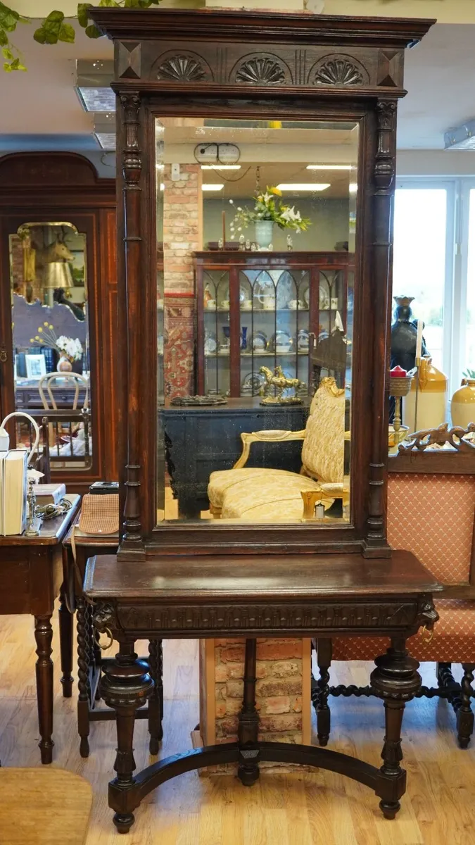 Antique Gothic Revival Oak Hall Console with Mirro - Image 2