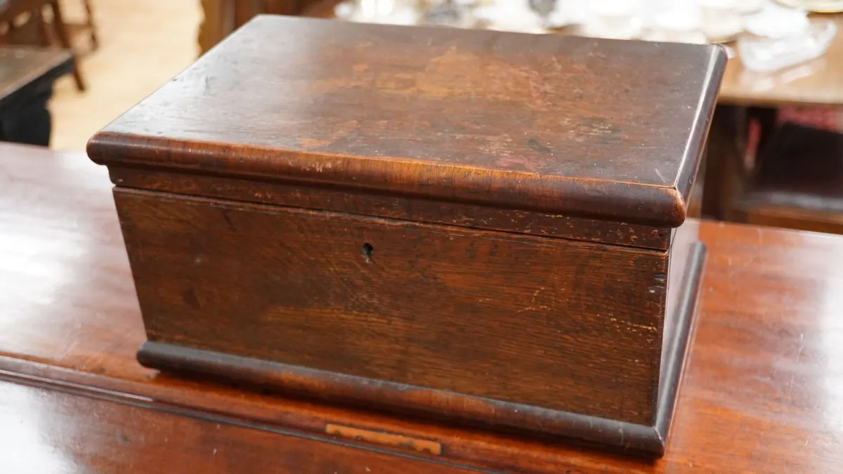 Antique Oak Box with Key - Image 2