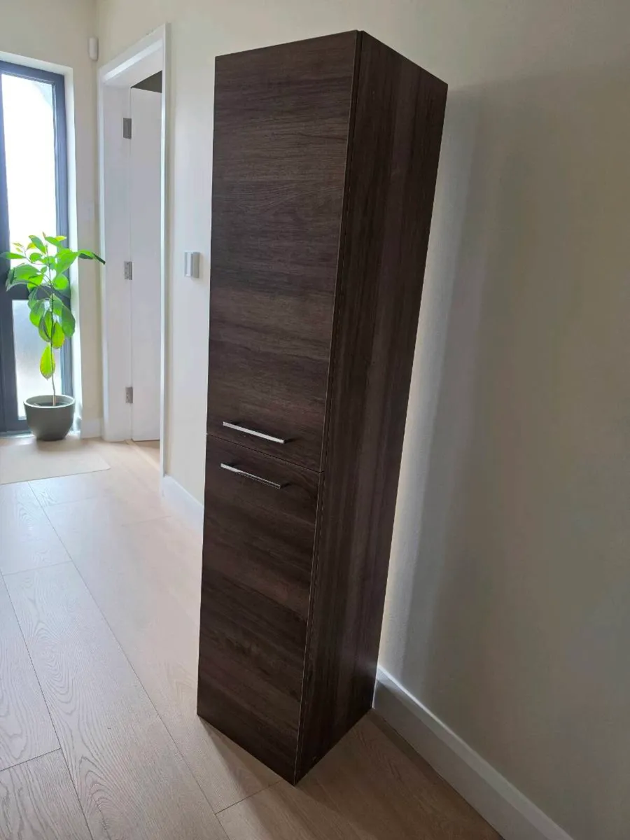 Wall Hung Walnut Bathroom Tall Boy Storage - Image 1