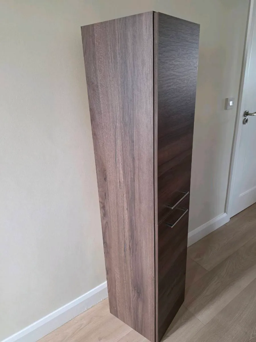 Wall Hung Walnut Bathroom Tall Boy Storage - Image 2