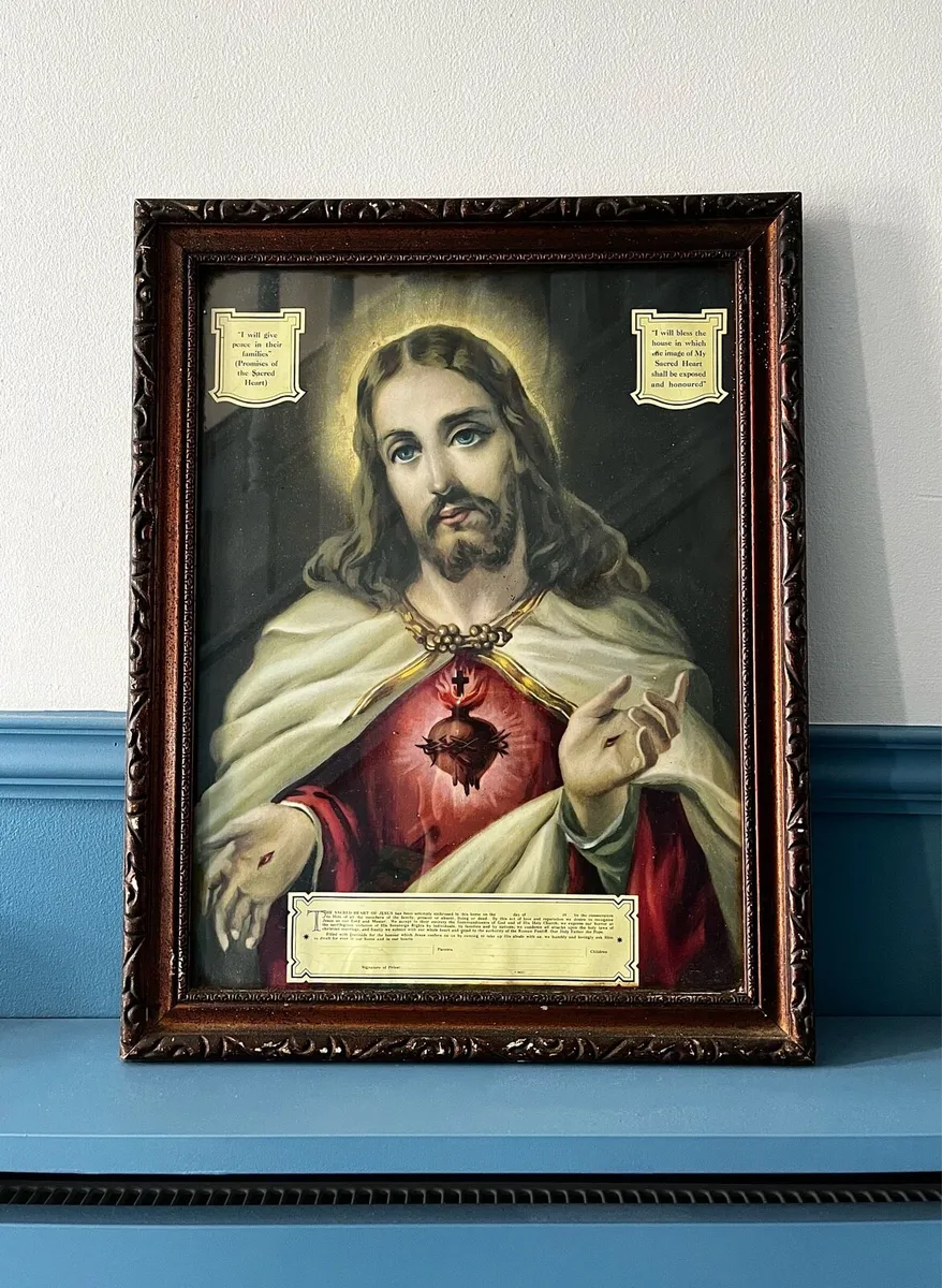 Antique Sacred Heart of Jesus Framed c.1930s - Image 1