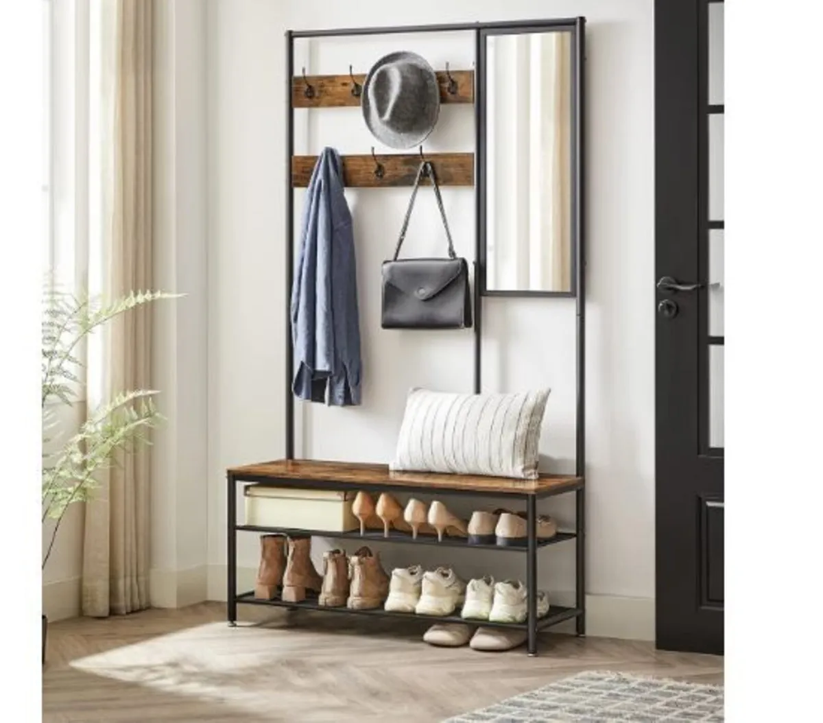 Coat Rack with Hooks Mirror Bench - Image 3