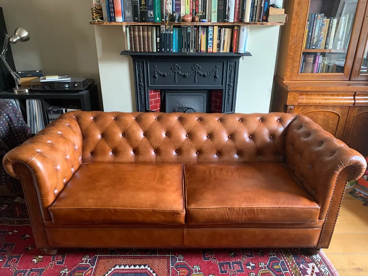 Tan Leather Chesterfield Sofa 190 W x 75 H x 80 D - Image 2