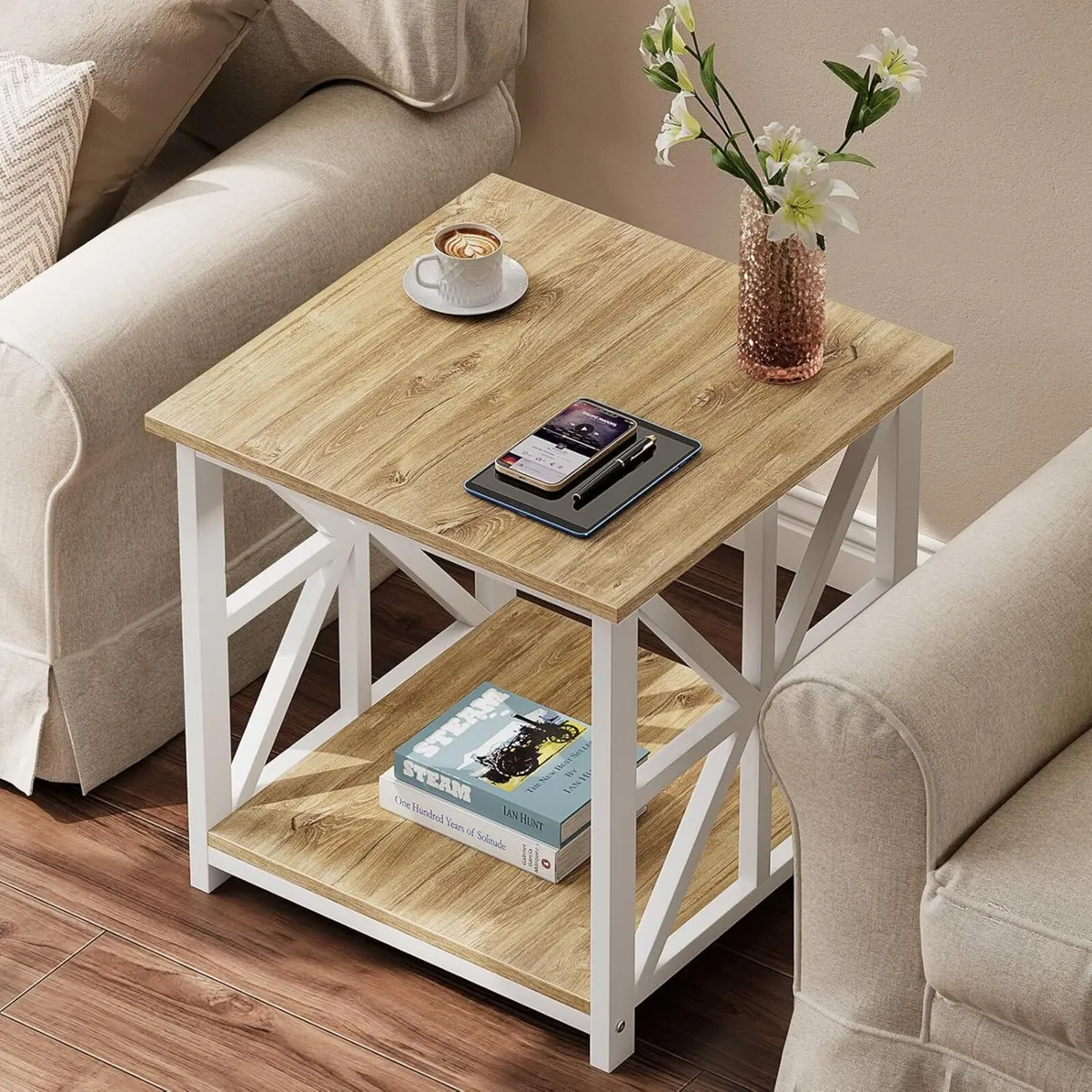Side Table 50cm End with 2-Tier Storage Shelf - Image 2