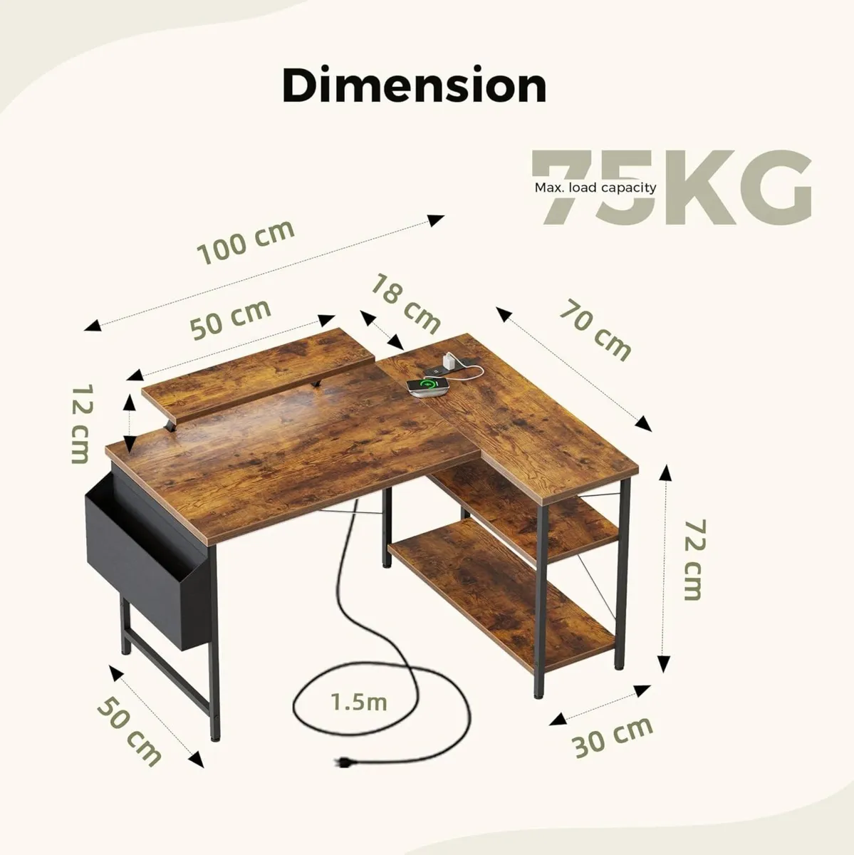 L-shaped desk 100x70cm gaming table with 2 - Image 2
