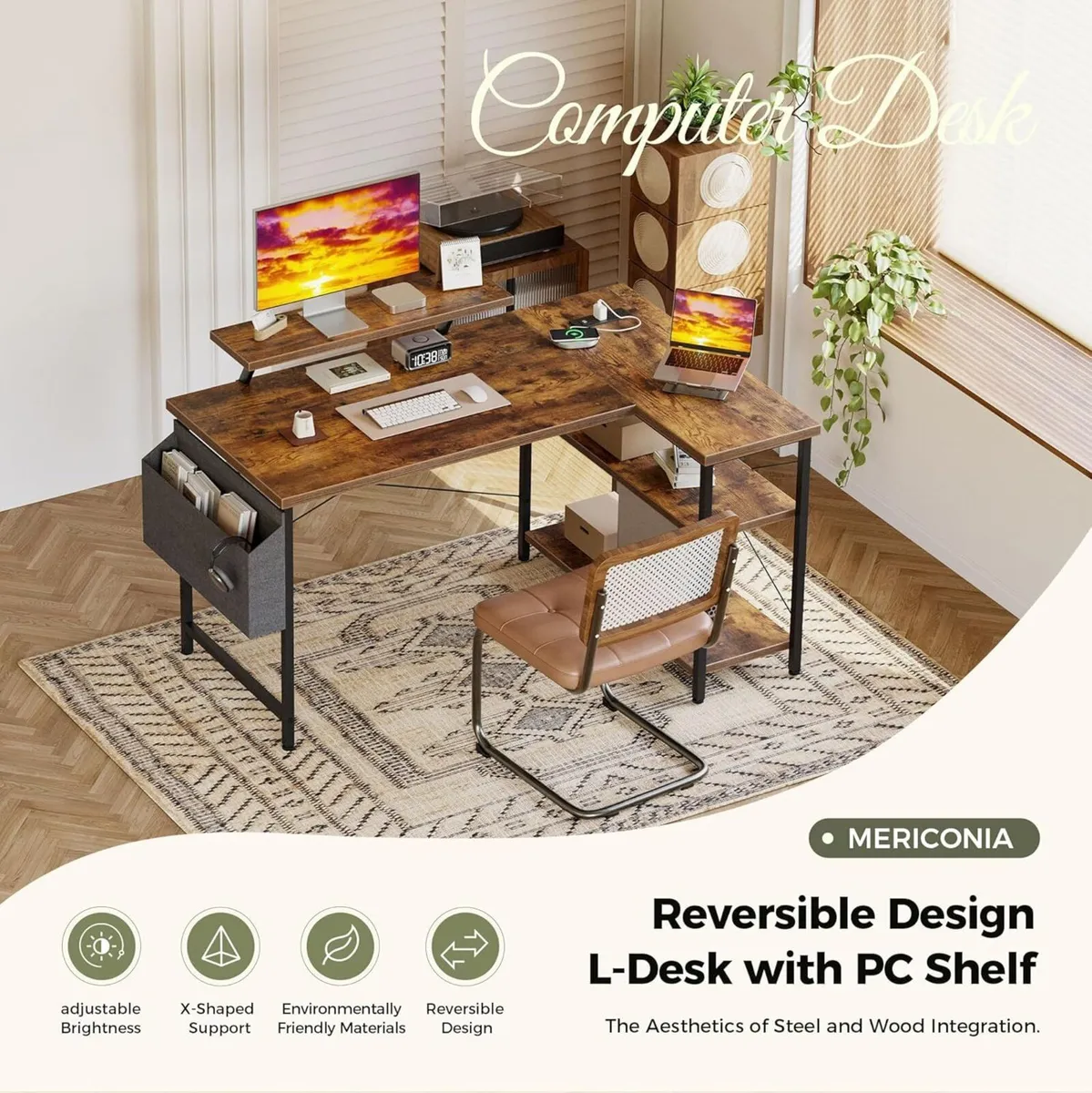 L-shaped desk 100x70cm gaming table with 2 - Image 3