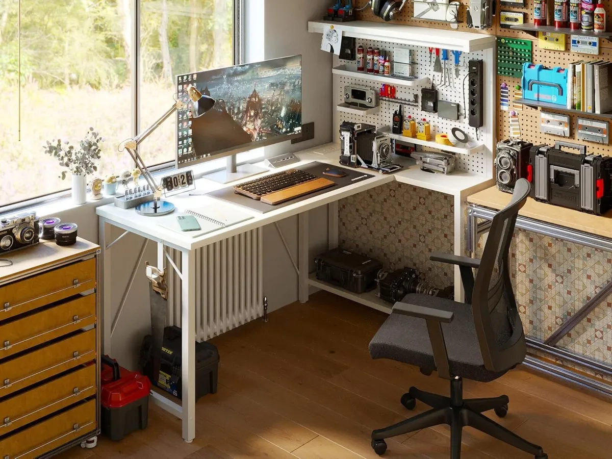 L Shaped Gaming Desk with Pegboard Hutch Shelves - Image 4