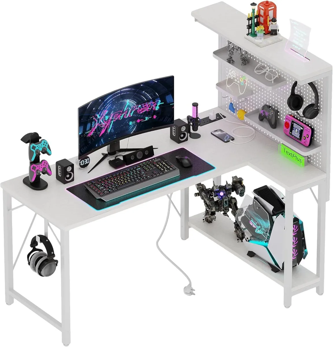 L Shaped Gaming Desk with Pegboard Hutch Shelves - Image 1