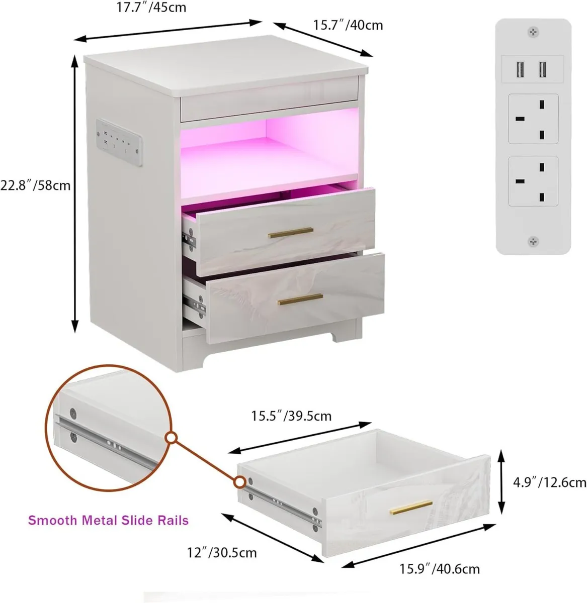 Bedside Table with 2 AC Outlets/2 USB Ports - Image 2