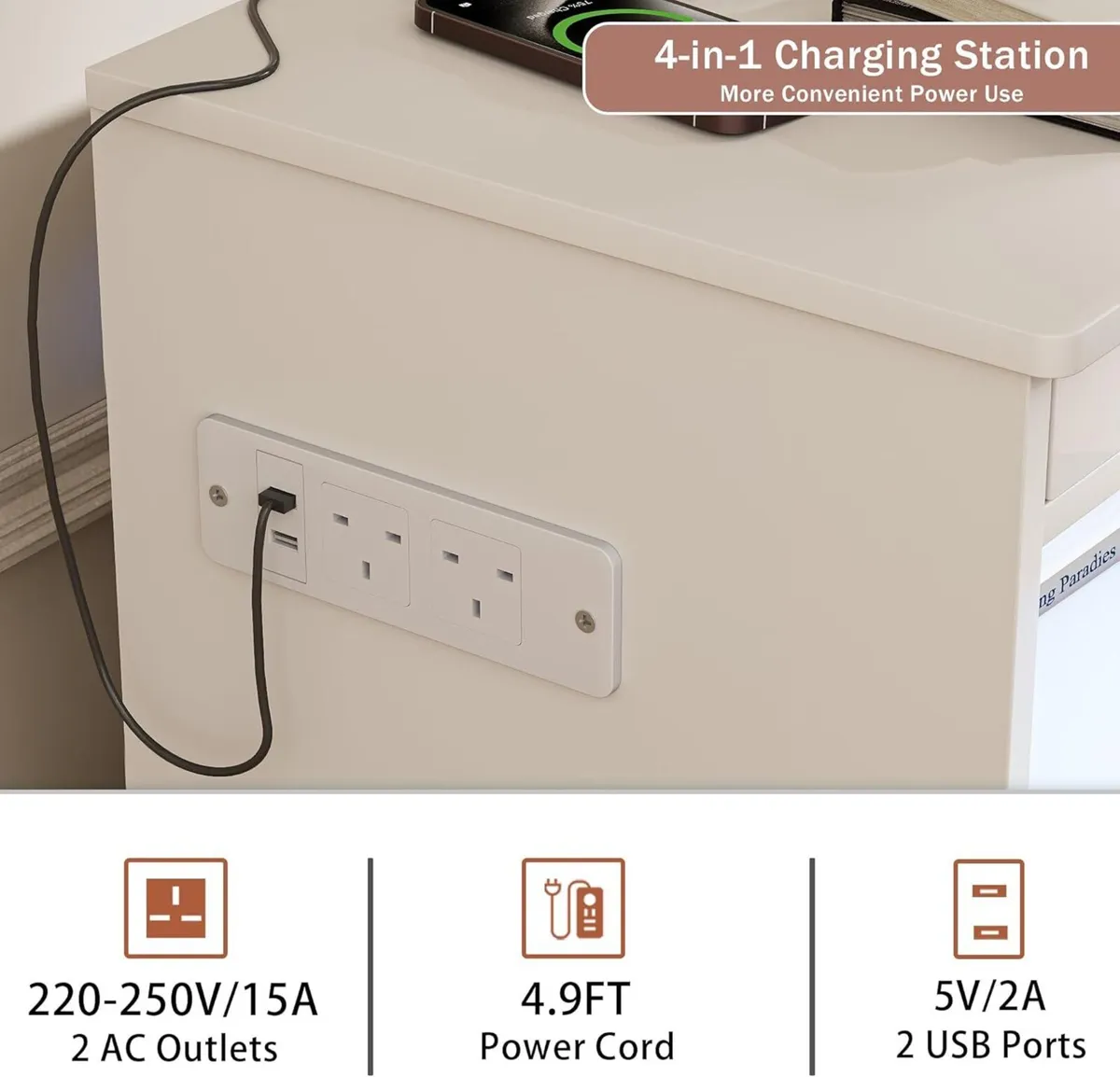Bedside Table with 2 AC Outlets/2 USB Ports - Image 3