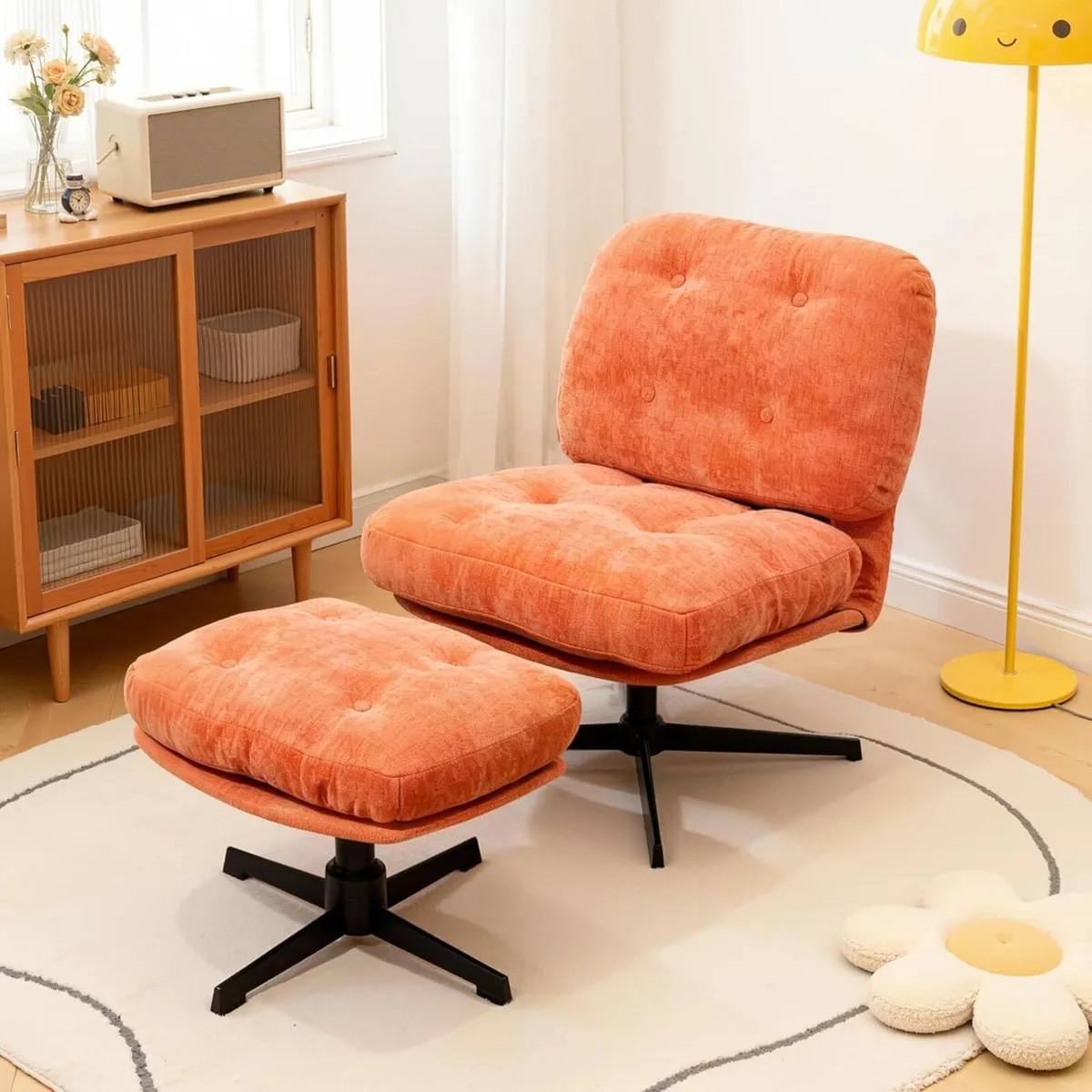 Foldable Armchair with Footstool Chenille Accent - Image 1