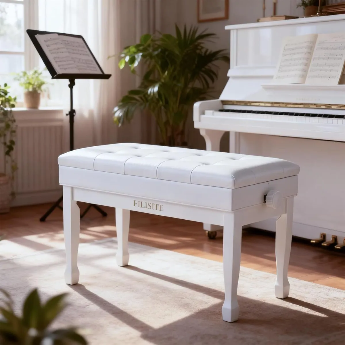 Duet Piano Bench with Storage Wooden Stool - Image 2