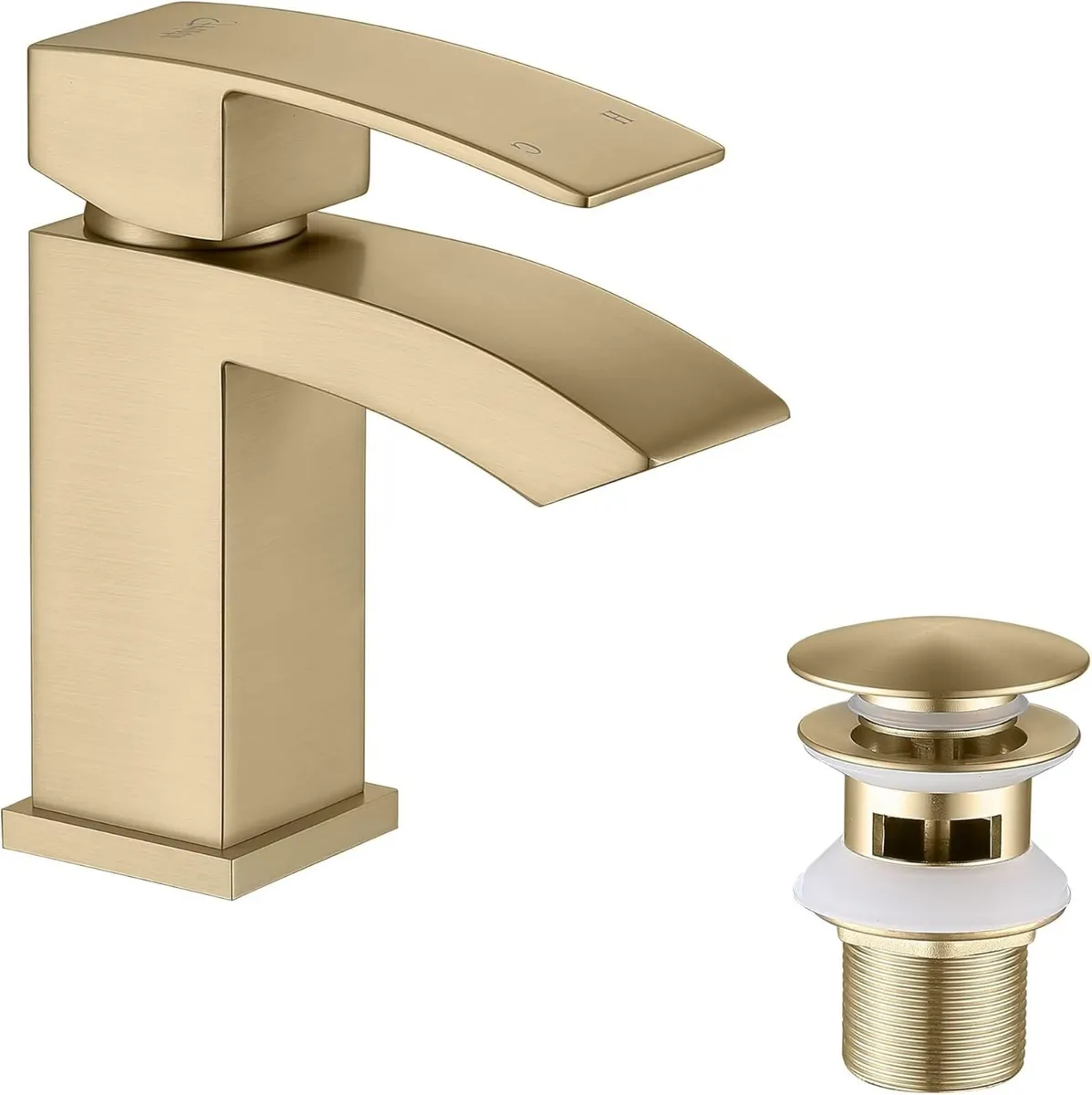 Brushed Gold Waterfall Bathroom Taps with Pop Up - Image 1