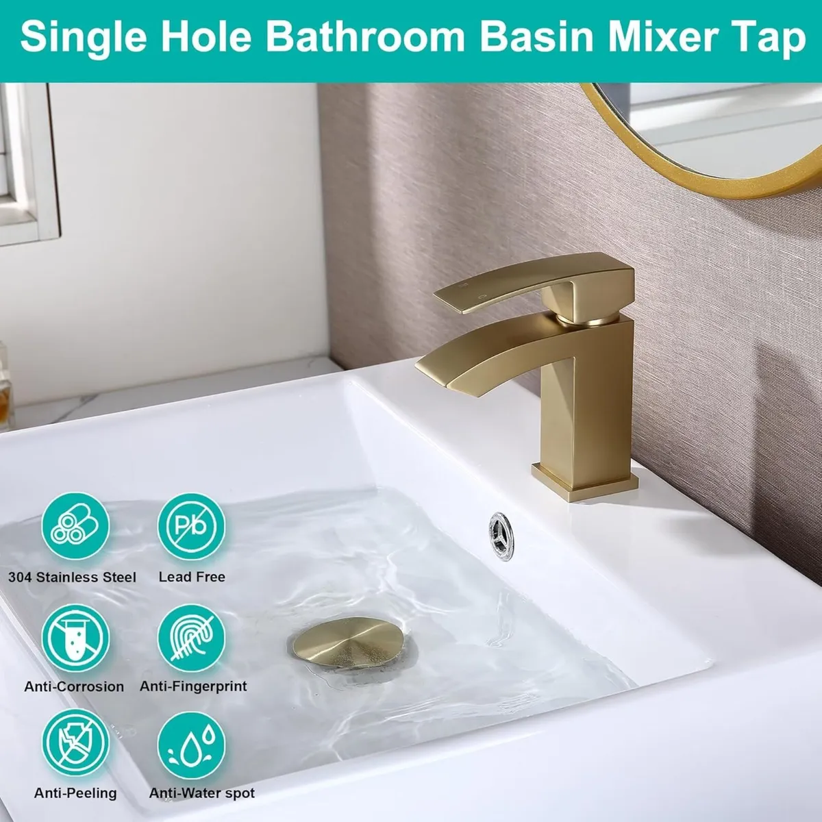 Brushed Gold Waterfall Bathroom Taps with Pop Up - Image 4