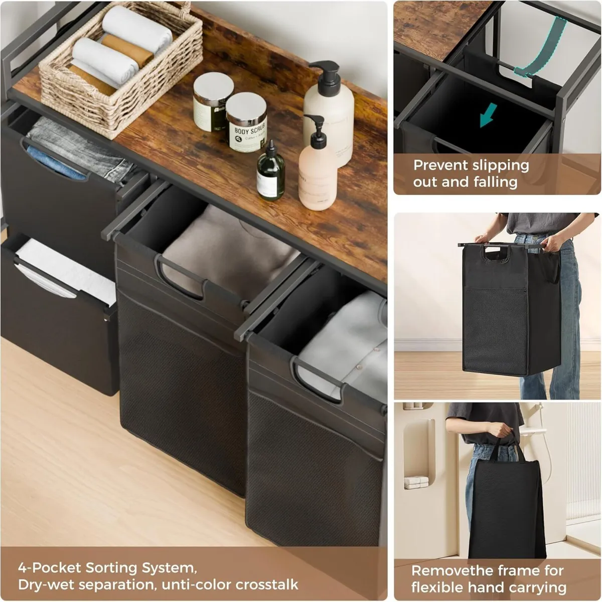 Laundry Hamper with 4 Compartments 150L Sorter - Image 4