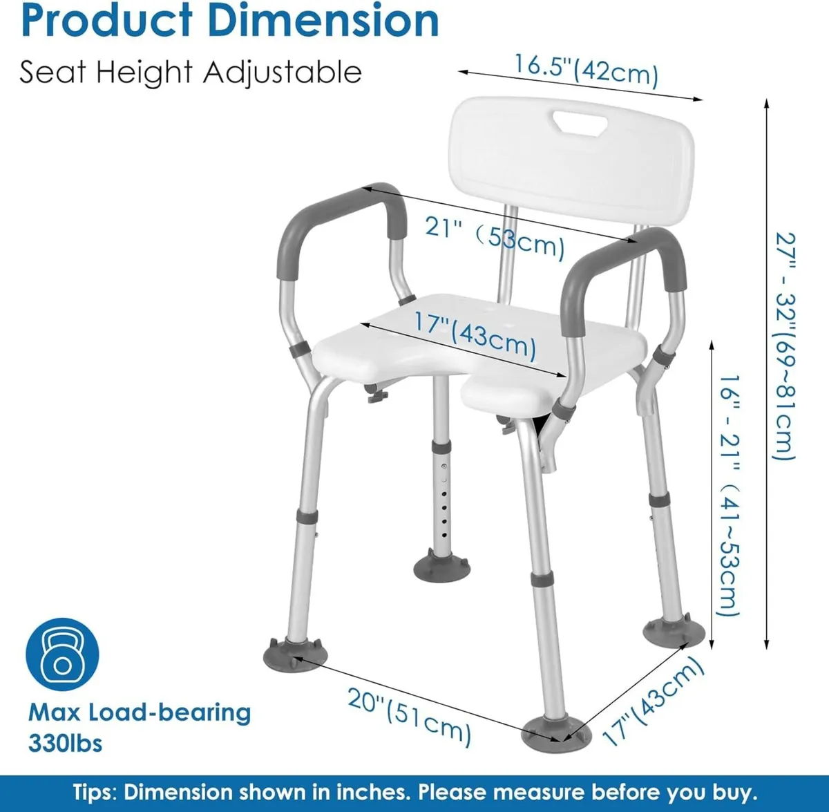 Shower Chair with Arms and Back 53cm Wide Heavy - Image 2