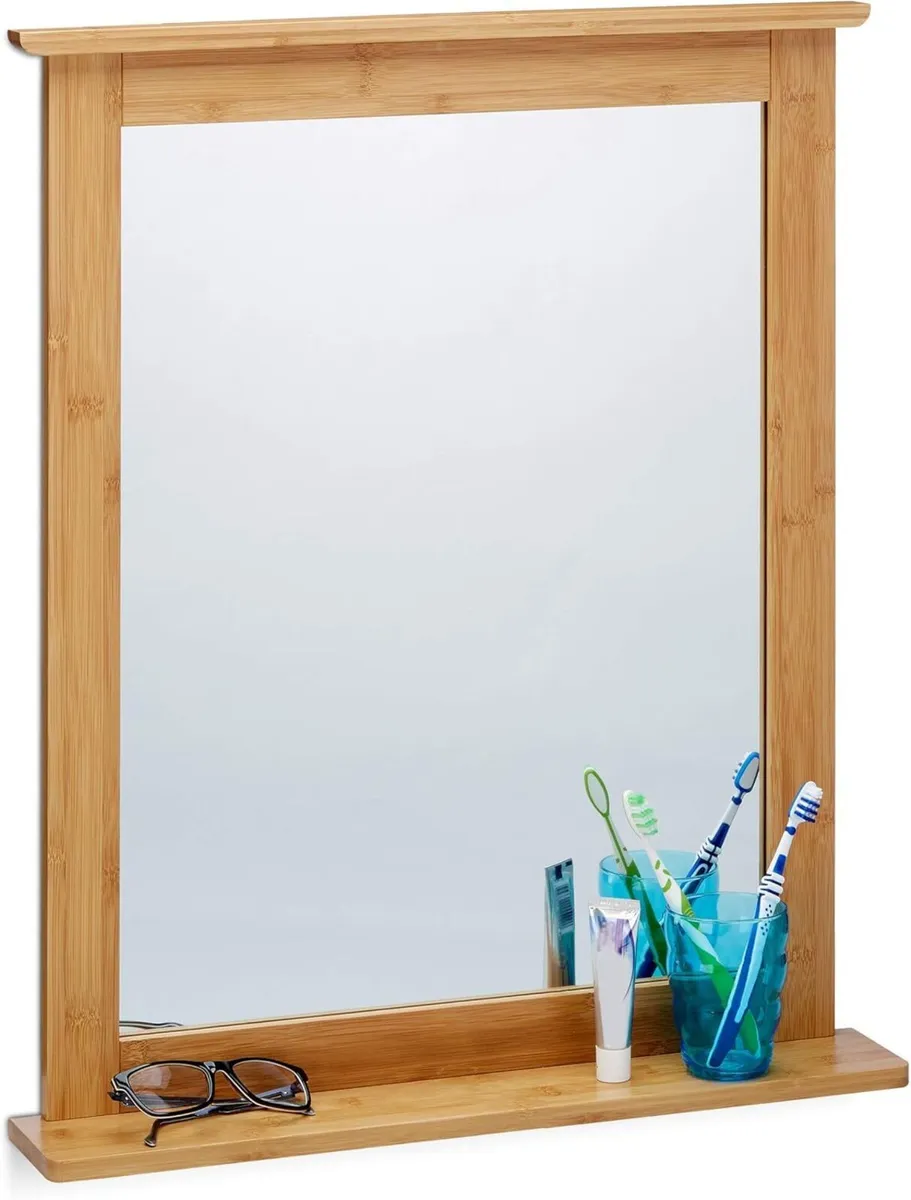 Bamboo Wall-Mounted Mirror Bathroom with Shelf - Image 1