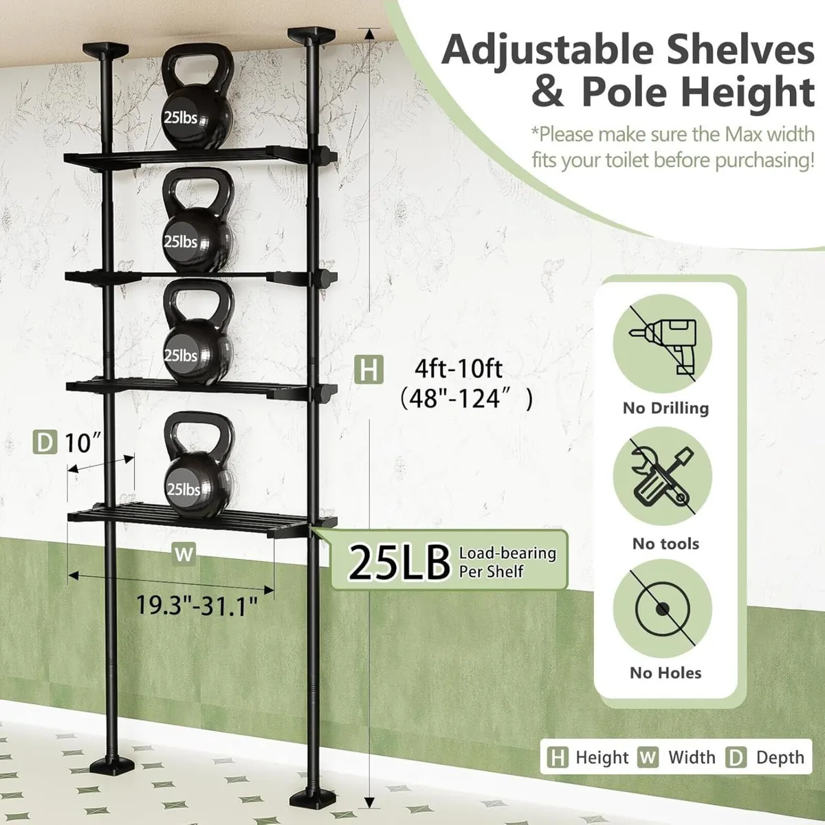 Over The Toilet Storage Shelf 4-Tier Adjustable - Image 2