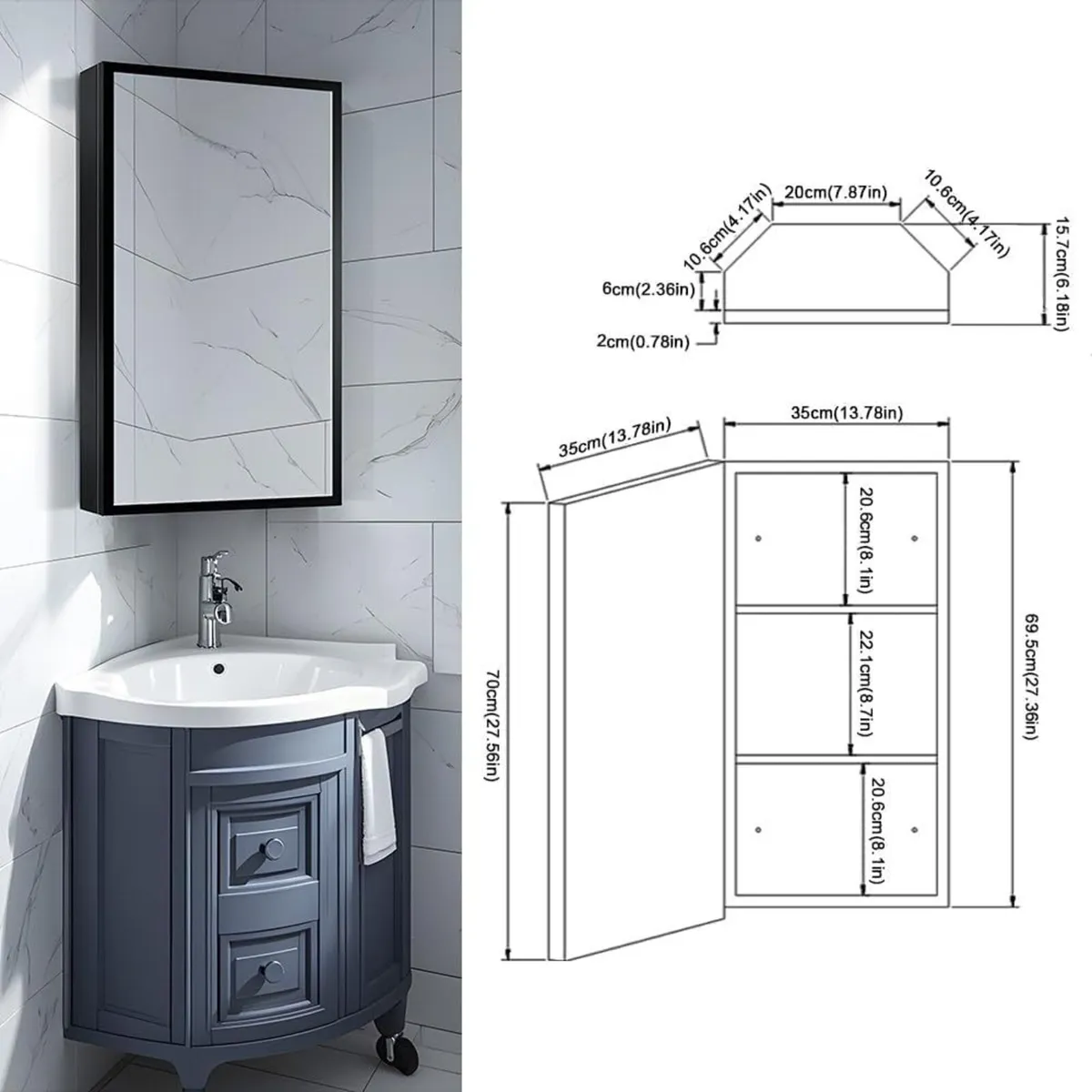 Corner Mirror Cabinet 35x70cm Aluminum Framed - Image 2