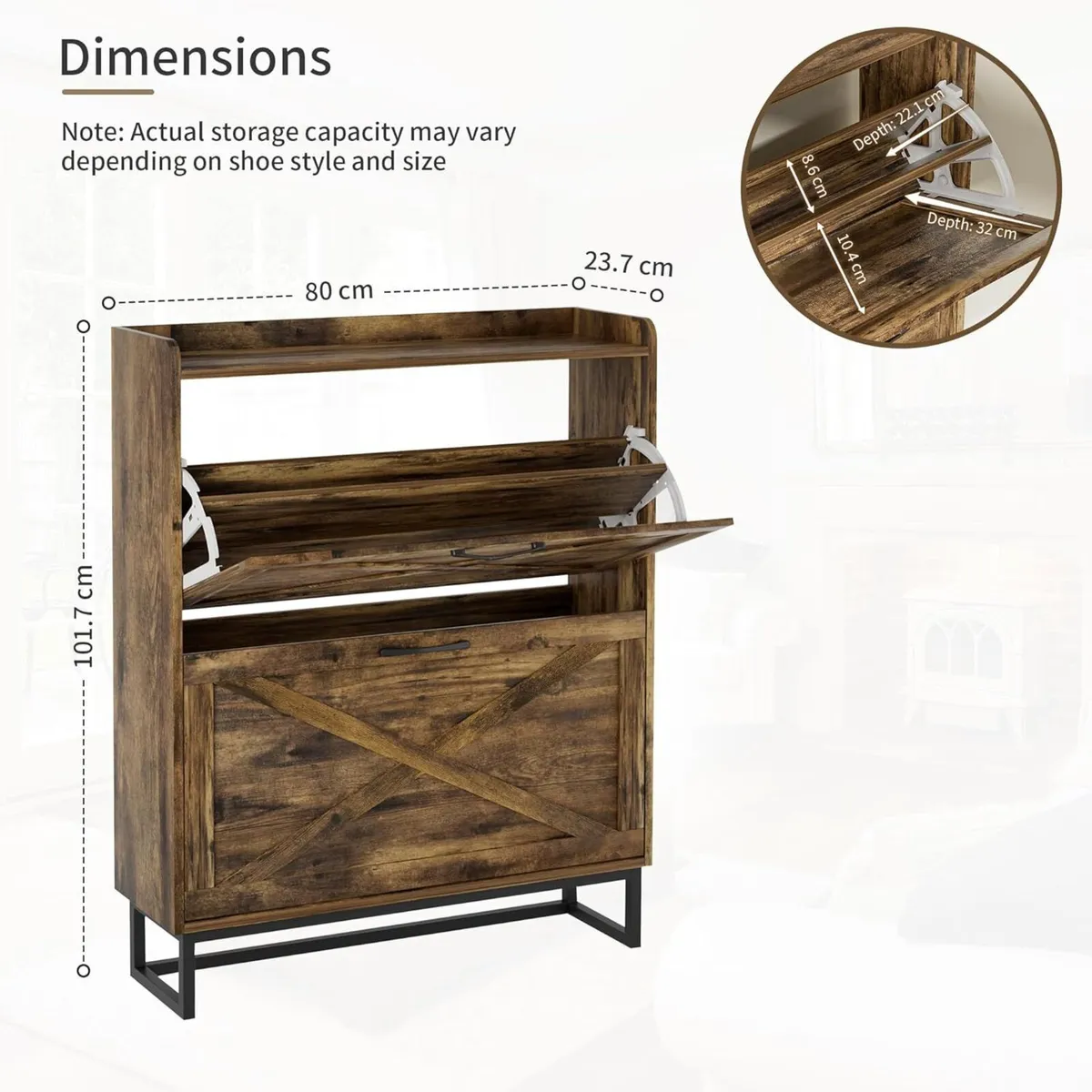 Rustic Shoe Cabinet 80cm Width For Hallway Brown - Image 2