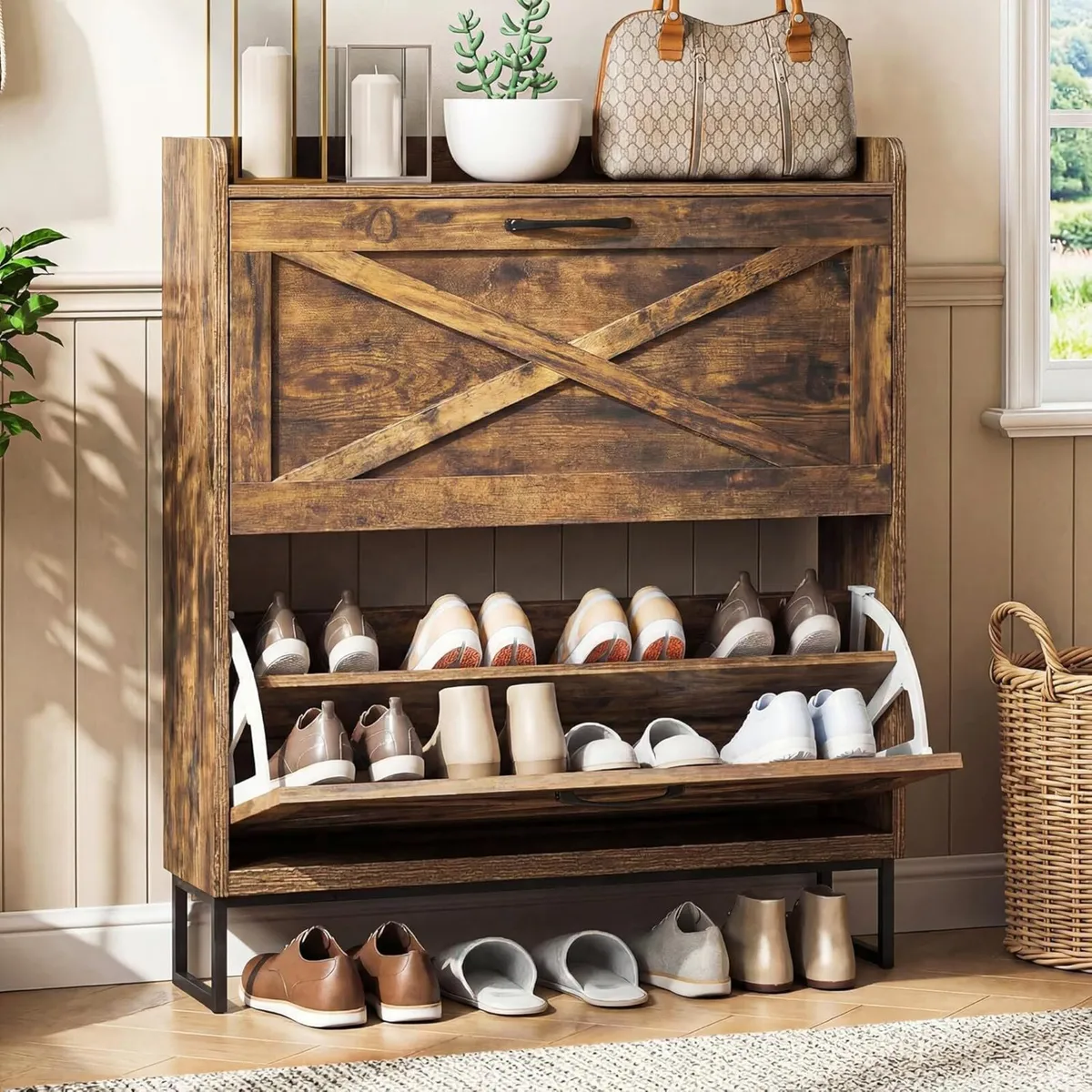 Rustic Shoe Cabinet 80cm Width For Hallway Brown - Image 1