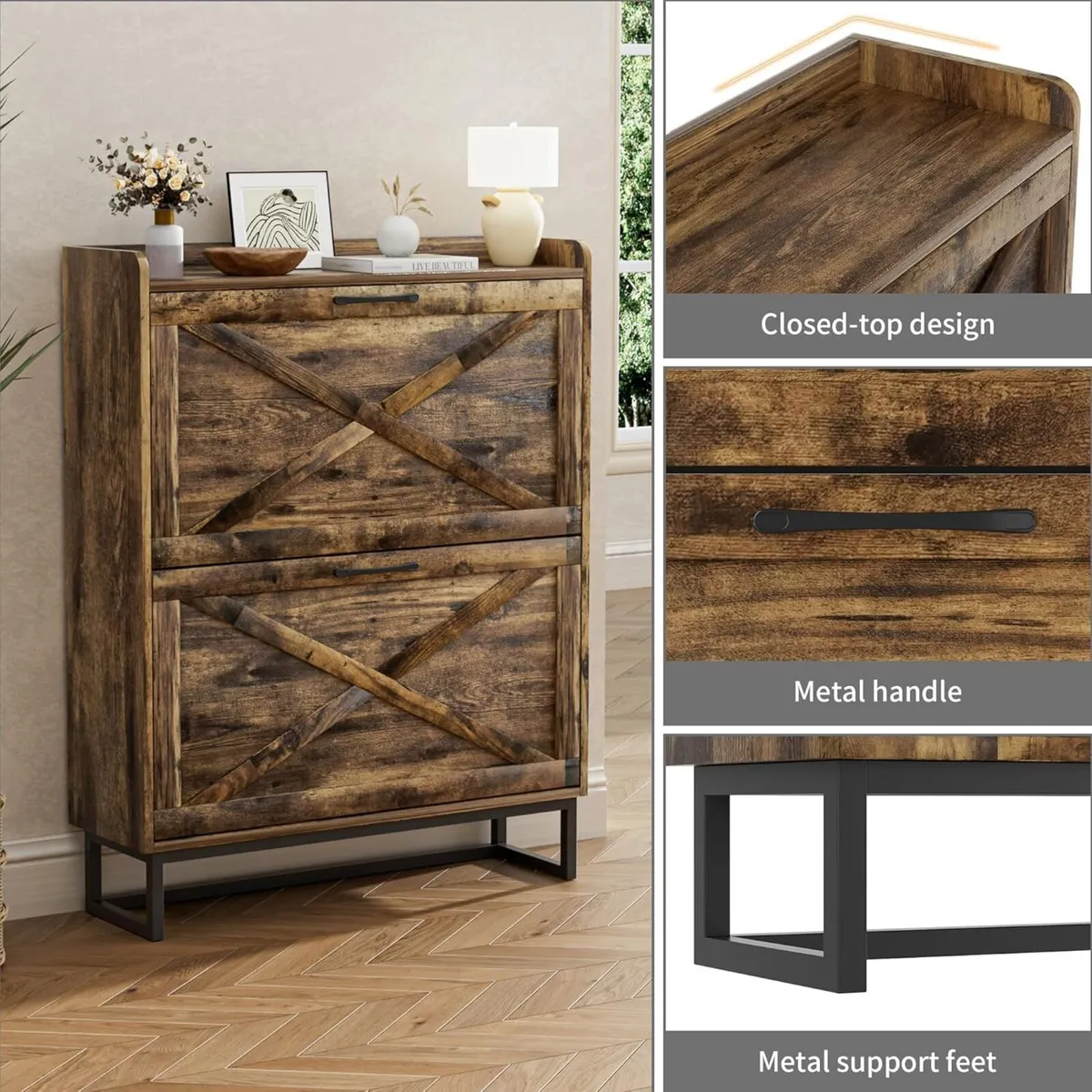 Rustic Shoe Cabinet 80cm Width For Hallway Brown - Image 3