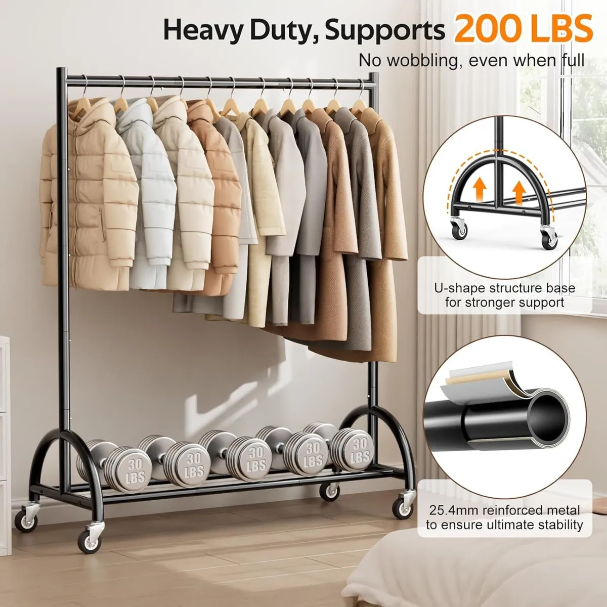 Heavy Duty Clothes Rack on Wheels for Bedroom - Image 2