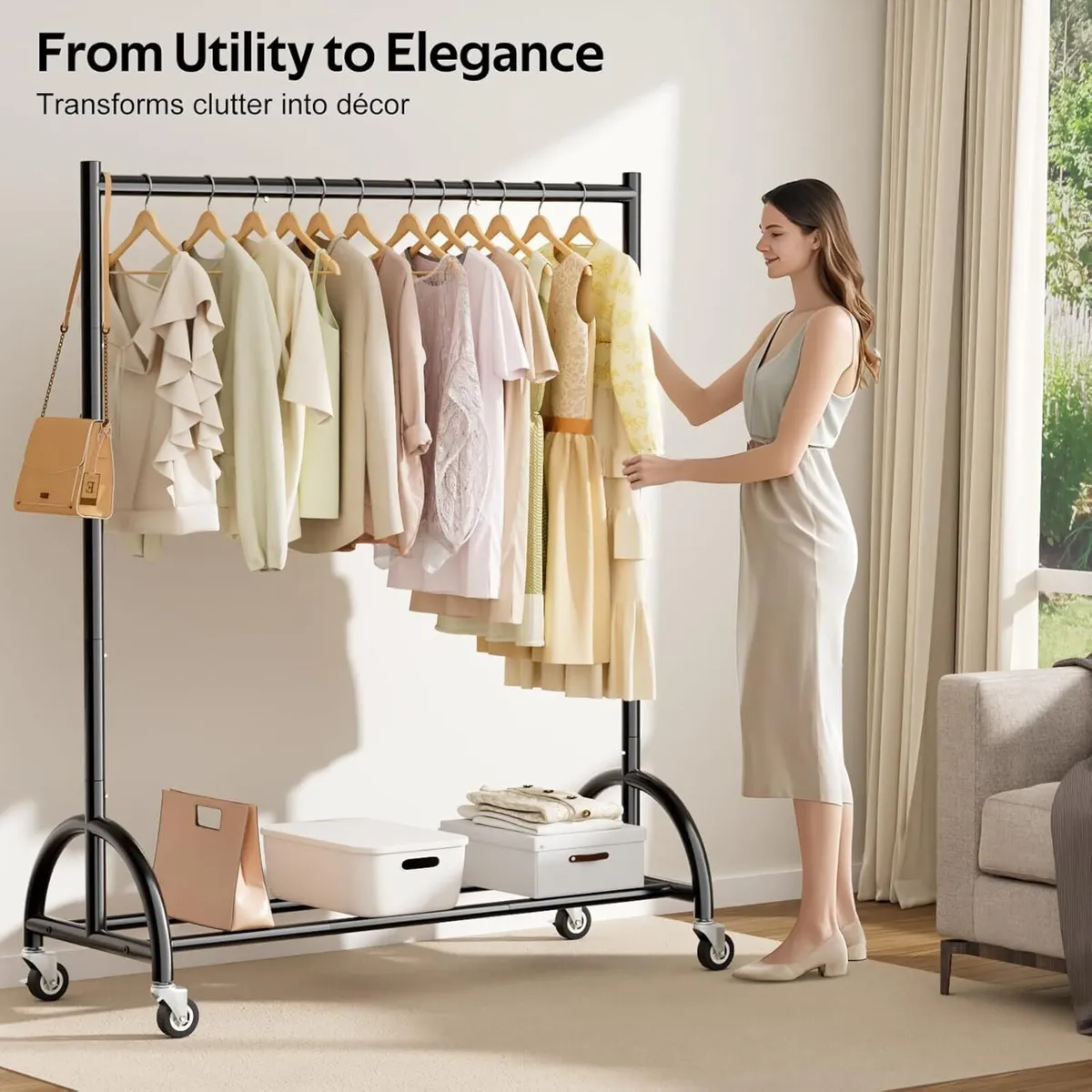 Heavy Duty Clothes Rack on Wheels for Bedroom - Image 4
