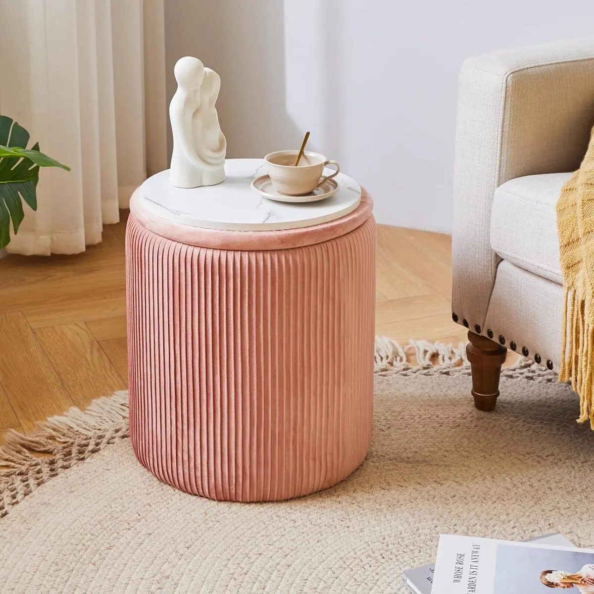 Set of 2 Round Ottoman with Storage Velvet Vanity - Image 2